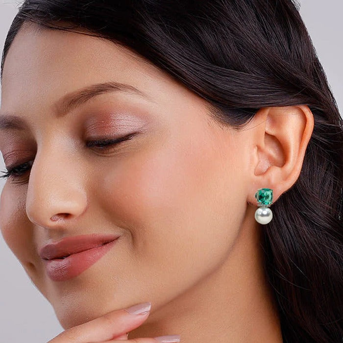 Green Gemstone and Pearl Drop Earrings